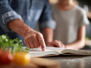 Obraz premium Person pointing cookbook with child nearby, both engaged cooking or learning, kitchen setting, with fresh vegetables