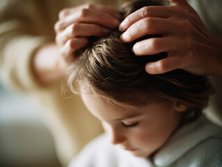 Fototapeta premium Person gently holding child head, softly touching their hair caring and comforting manner, conveying tenderness and affection
