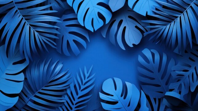A vibrant, tropical display of deep blue leaves, creating a textured background.  The leaves are arranged in a frame,  allowing for a central focal point