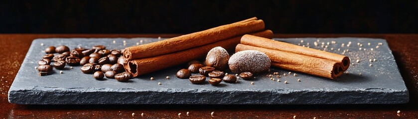 Cinnamon and coffee beans arrangement culinary scene food photography cozy kitchen close-up flavor exploration
