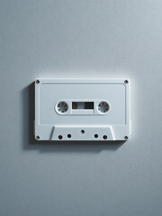 Fototapeta premium A blank white cassette tape, mounted on a light gray wall. Simple, minimalist, and nostalgic.
