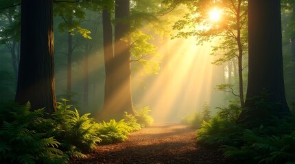 Naklejka premium Magnificent Trees Filled with Golden Sunlight in a Calm Forest