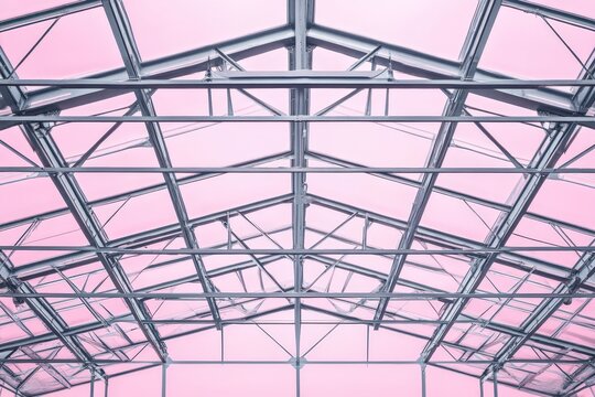 Elevated view of a modern greenhouse's metal framework.