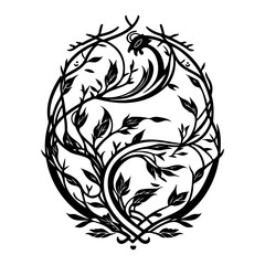 Intricate botanical vignette in monochrome, gracefully forming a stylized emblem