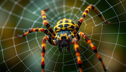 Striking Spider on Web Close Up with Vibrant Colors and Patterns