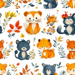 Naklejka premium Cute cartoon animal collection design with nature elements, perfect for wrapping paper or educational prints. --tile 