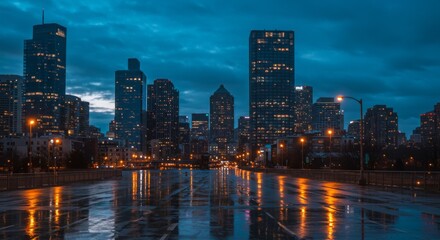 Rainy Night City Skyline with Reflections