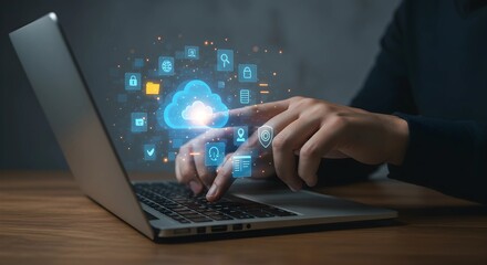 Cloud Computing on Laptop with Icons Data Security