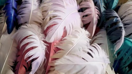Close-up of pastel-colored feathers arranged in a soft textured pattern - Powered by Adobe
