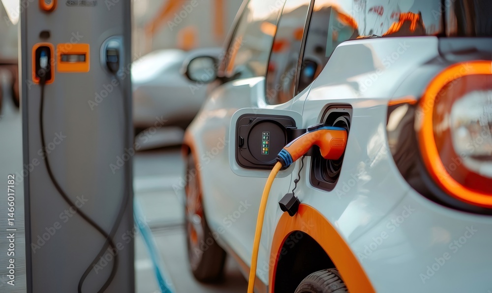 Aufkleber オレンジ色のディテールを備えた白い電気自動車が都市の充電ステーションで充電されています