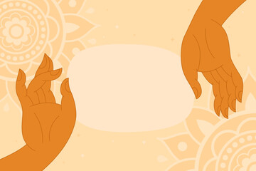 Two graceful hands of buddha on a light orange background. Mudra, religious symbol, meditation. Copyspace for your text, frame, card for buddhist holiday.
