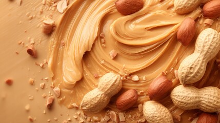 Creamy peanut butter swirl texture with whole peanuts, showcasing a rich, nutty food product ideal for culinary or food blog backgrounds