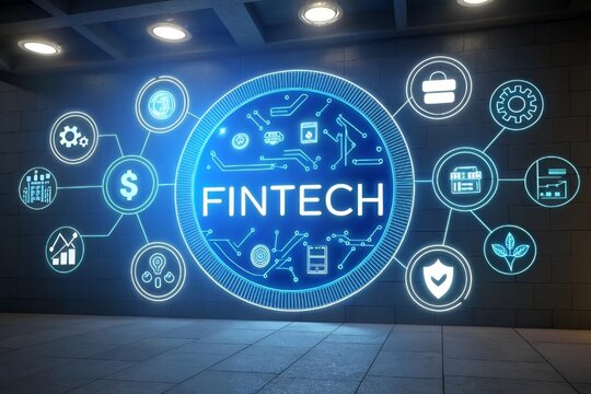 Futuristic FinTech Display with Glowing Blue Circuit Icons and Digital Finance Elements - Powered by Adobe