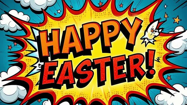 Happy easter comic book style illustration for easter celebration and easter greetings card design