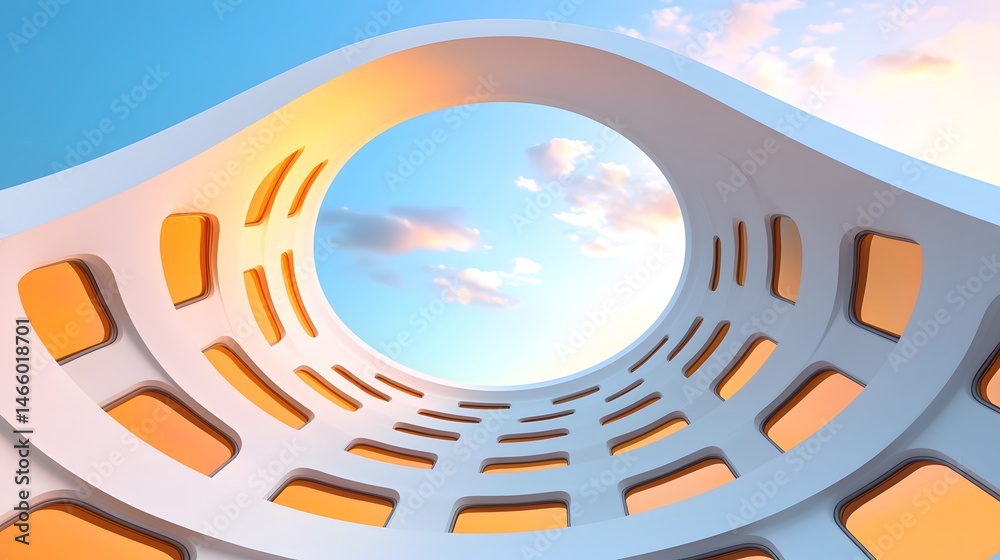 Fototapete abstract architecture line art: upward curving white structure with orange windows