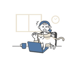 猫にパソコンのキーボードを踏まれて驚く女性