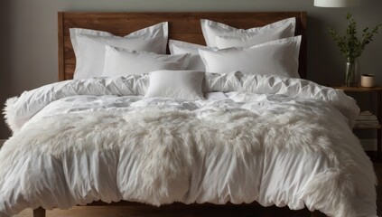 A photo of a bed with a large, fluffy comforter. The comforter is made of soft, white cotton. The bed is covered with a white duvet cover and a matching pillowcase