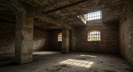 inside an old industrial building, basement with little light