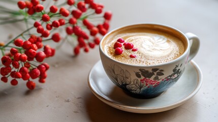 Warm and Inviting Coffee Cup Surrounded by Bright Red Berries on a Rustic Table Setting Ideal for Cozy Mornings and Afternoon Breaks