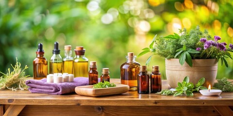 Aromatherapy massage table with essential oils and herbs , aromatherapy, holistic healing practices