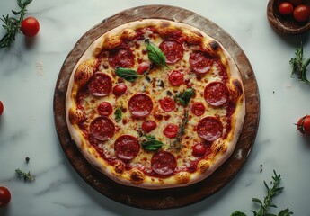 A delicious pepperoni pizza on a wooden board, garnished with basil, cherry tomatoes, and herbs