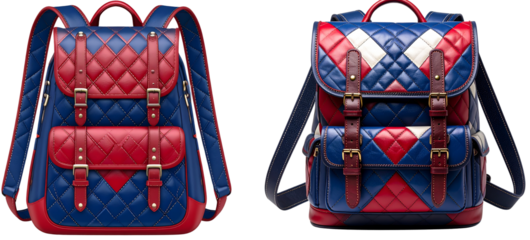  Set of  Luxury leather backpack with a quilted patchwork design in red and blue colors, transparent 