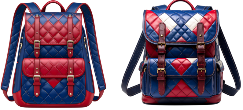  Set of  Luxury leather backpack with a quilted patchwork design in red and blue colors, transparent 