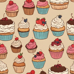 Delightful Assortment of Delicious Cupcakes with Fresh Berries and Cream Frosting A Sweet Treat Background Pattern