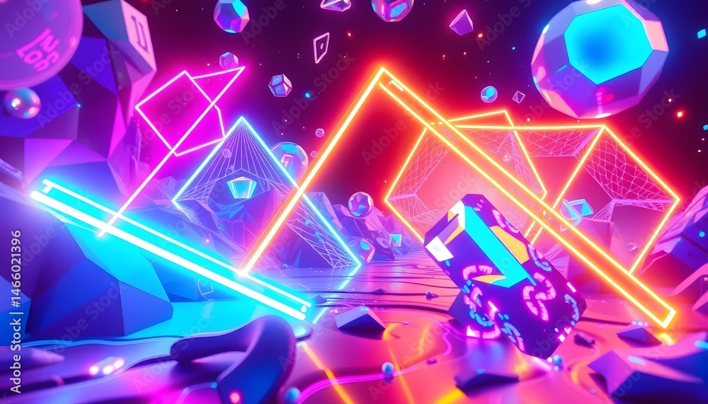Poster Abstract Holographic Design, A Mesmerizing Display Of Dynamic Geometric Shapes And Vibrant Neon Light Creates A Stunning Digital Landscape. Futuristic Artistry Elevates Visual Concepts. Excellent
