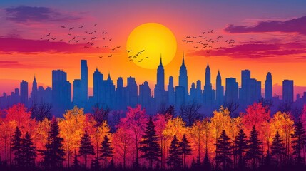 Obraz premium Colorful cityscape skyline with sunset and forest trees vector i