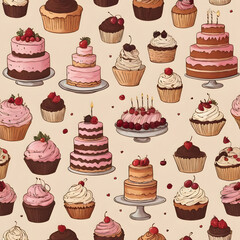 Delicious Cakes and Cupcakes A Sweet Seamless Pattern of Assorted Bakery Treats
