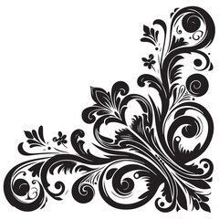 Elegant Black Floral Corner Ornament Vector Design with Vintage Swirl Patterns – Decorative Botanical Frame Element for Invitations, Tattoos, and Graphic Projects.