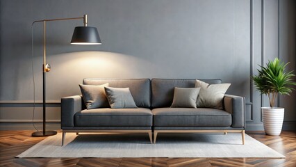 Modern living room with dark gray sofa and floor lamp, calmness