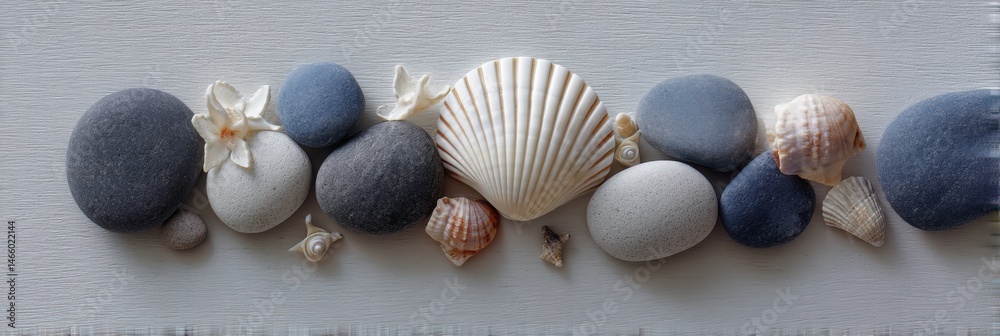 Poster arrangement of beach pebbles and seashells showcasing coastal simplicity on a sunny day generative a