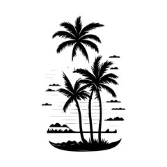 Minimalist tropical island vista with palm trees and calm sea illustration