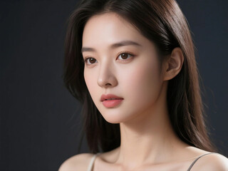 Obraz premium Portrait of a beautiful young Asian woman with flawless skin and natural makeup in studio lighting, looking serene and elegant.