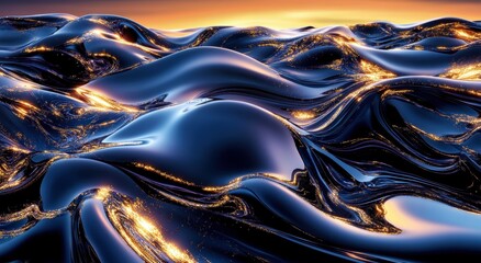 Abstract landscape of swirling, reflective, dark metallic waves at sunset.  Golden highlights accentuate the curves