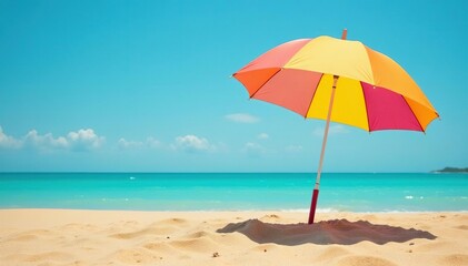 Large colorful umbrella planted in golden sand , fabric, colorful, green