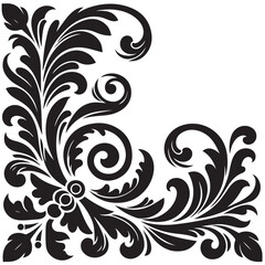 Elegant Black Floral Corner Ornament Vector Design with Vintage Swirl Patterns – Decorative Botanical Frame Element for Invitations, Tattoos, and Graphic Projects.