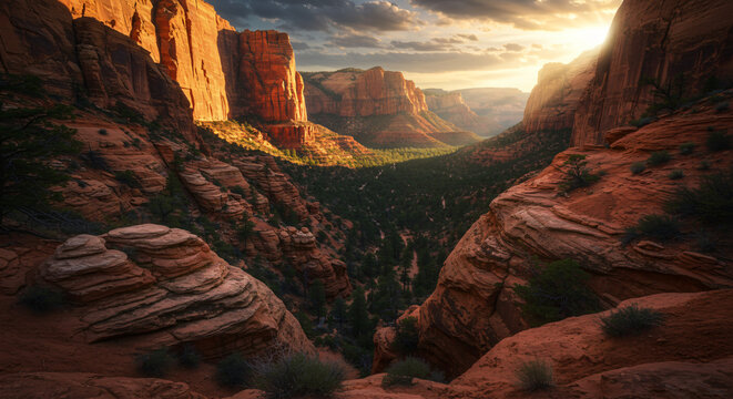 Explore the majestic views of canyon landscape with sunlight and red rock formations in scenic arizona - Powered by Adobe