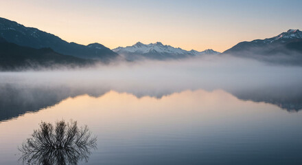 Obraz premium Serene lake morning mountain landscape scenic view with fog nature calm water reflection peaceful scene