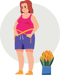 Overweight woman measuring her waistline to assess weight loss progress