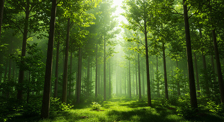 Fototapeta premium Beautiful green forest nature scene with trees and sunlight shining through the leaves landscape photo