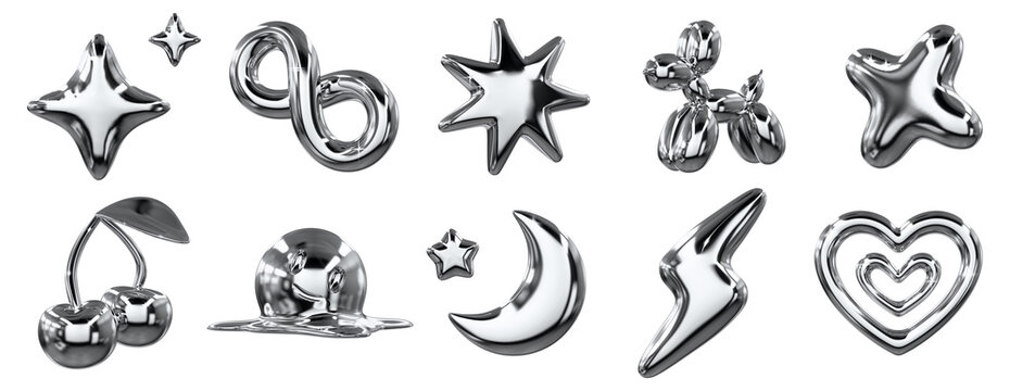 Y2K Chrome Metallic Collection - Icon Set - Transparent 3D PNG Elements