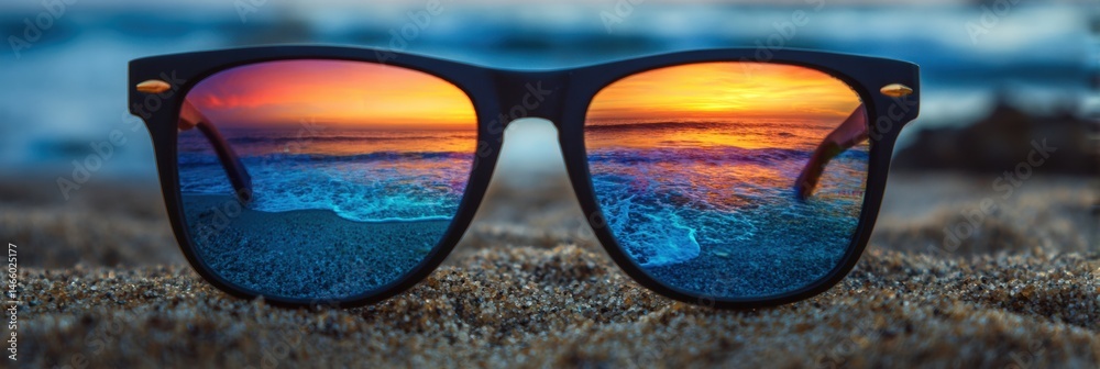 Aufkleber side mirror sunglasses with beach reflection capturing a vibrant sunset over the waves at dusk gener