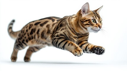 A Bengal cat mid-pounce, muscles taut, spotted coat gleaming, eyes laser-focused with playful intensity, isolated on white