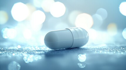 Sleek white capsule on minimalist blue background symbolizing pharmaceutical innovation for weight management, modern healthcare and medical treatment concept.