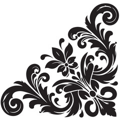 Elegant Black Floral Corner Ornament Vector Design with Vintage Swirl Patterns – Decorative Botanical Frame Element for Invitations, Tattoos, and Graphic Projects.