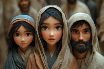 A stylized depiction of a holy family, with a young girl, woman, and man © Project