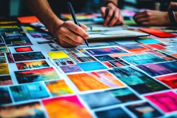 Fototapeta premium Artist's Hand Sketching Amidst Colorful Art Samples on a Creative Workspace Table